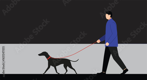 Man walking dog with leash on sidewalk, dark background, possible daily exercise