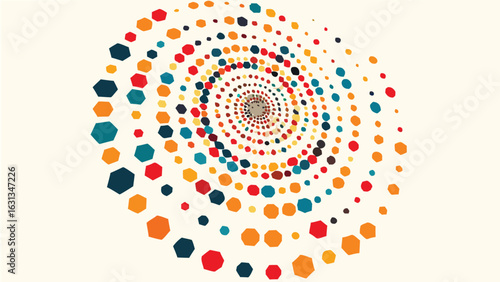 Colorful spiral of hexagons and circles creating a dynamic and visually appealing abstract design element