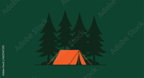 Camping.  Orange tent among green trees. Nature, adventure, outdoor graphic