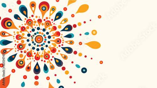 Colorful radial pattern with teardrop shapes and circles on a cream background forming a mandala design