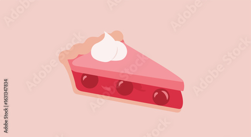 Slice of cherry pie with cream on pink. For blogs, invitations, or backgrounds