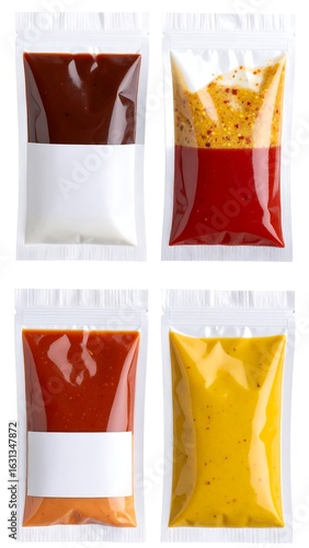 Four clear pouches of various sauces; two with blank labels