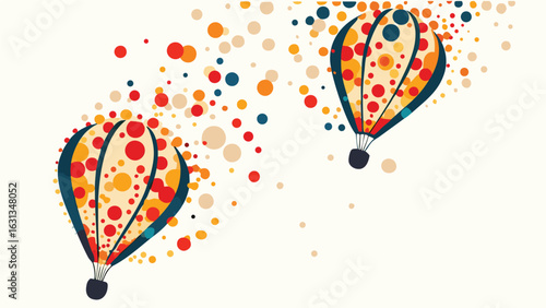 Two colorful hot air balloons floating amidst a scattering of vibrant polka dots on a light background