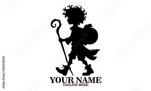 Engraved illustration vector of hobbit characters with curly hair and  walking stick. concept of hobbit day, hobbit logo design 