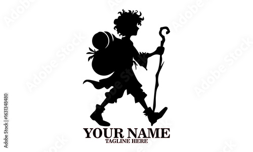 Engraved illustration vector of hobbit characters with curly hair and  walking stick. concept of hobbit day, hobbit logo design 