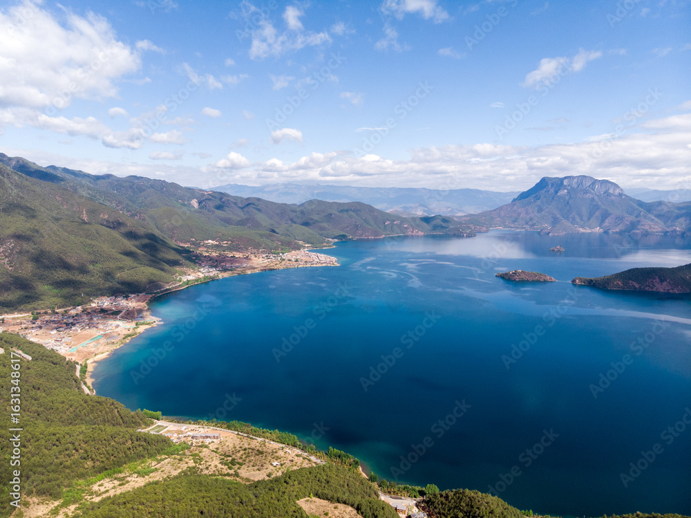 Obraz premium Aerial photo of Lugu Lake in Yunnan Province, China