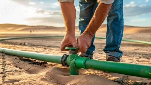 Close-up of a worker's hands turning a green valve on an irrigation pipe laid across a sandy desert landscape