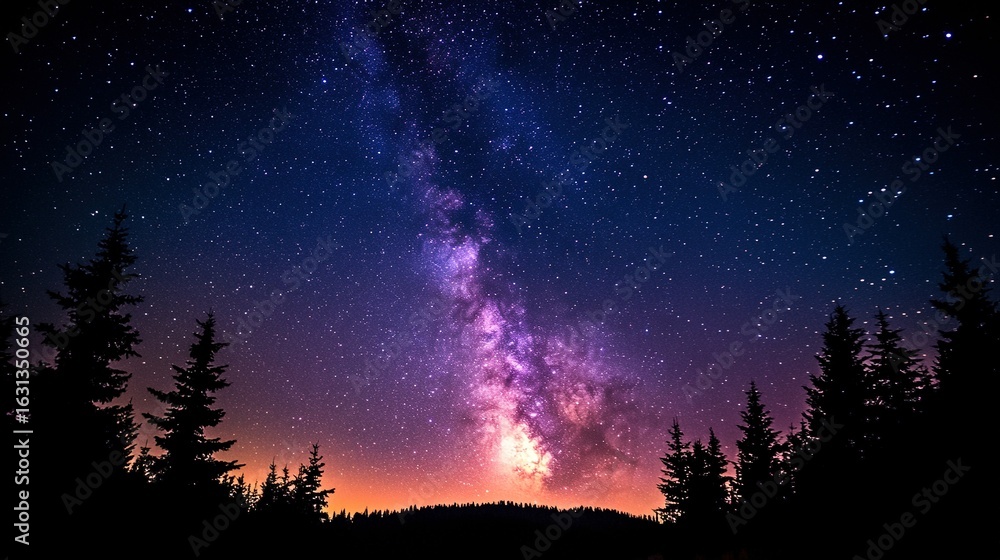 Naklejka premium Night sky with milky way visible above trees and horizon glow.