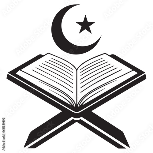 Islamic crescent moon and star symbol above an open holy quran book on a stand
