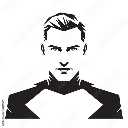 A striking black and white portrait of a handsome man isolated on white background, exuding confidence and style