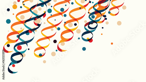 Colorful swirling ribbons and confetti scattered on a white background creating a festive design look
