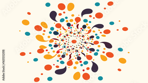 Colorful circular burst pattern with various sized dots and teardrop shapes on a light background