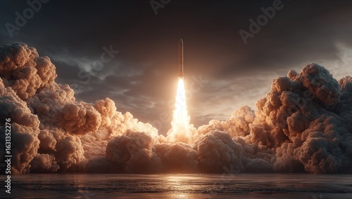 A rocket launching through a dramatic, cloudy sky