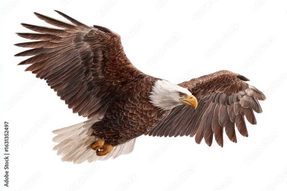 Obraz premium Bald eagle gracefully soaring through the sky with outstretched wings in a vibrant hand-drawn and painted artwork