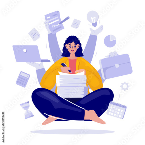 Busy woman multitasking approving documents vector illustration
