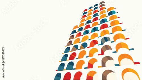 Rows of colorful abstract shapes arranged in a rising pattern on a white background design style