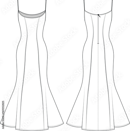 u scoop neck sleeveless strappy strapped spaghetti straps princess darted tailored long maxi mermaid dress gown template technical drawing flat sketch cad mockup fashion woman design style model 
