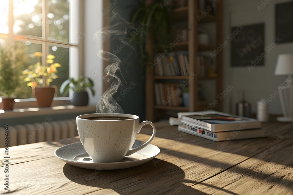 Cozy Coffee Cup on Wooden Table in Warm Indoor Setting Cozy Coffee Cup on Wooden Table in Warm Indoor Setting