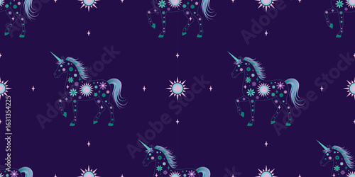 Seamless pattern with mystical unicorns and magical floral elements. Fantasy unicorn seamless background with stars and floral decorations