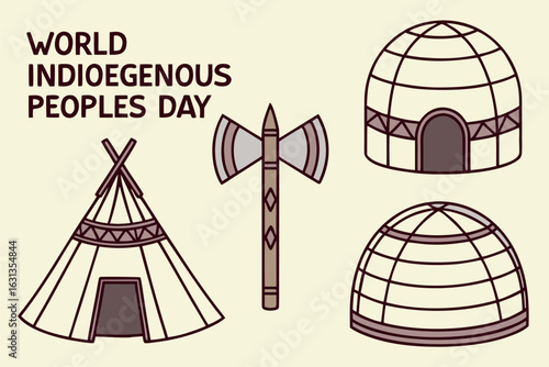 World Indigenous Peoples Day graphic with teepee axe and igloos vector