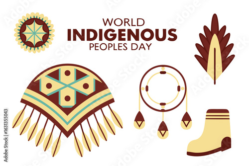 World Indigenous Peoples Day text with traditional Native American inspired symbols and clothing celebration