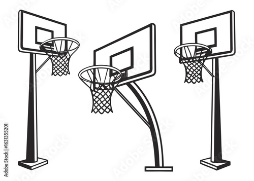 Three basketball hoops with nets and backboards in black and white line art illustration style design created with generated ai