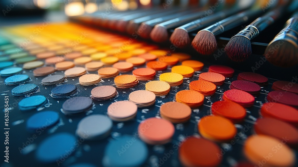 Naklejka premium Makeup palette with colorful eyeshadows and brushes arranged in a row.