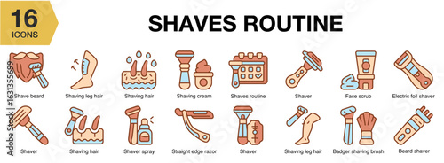 Shaves Routine flat icon set. Includes hygiene, routine, skin, skincare, care, and More. Flat icons vector collection.