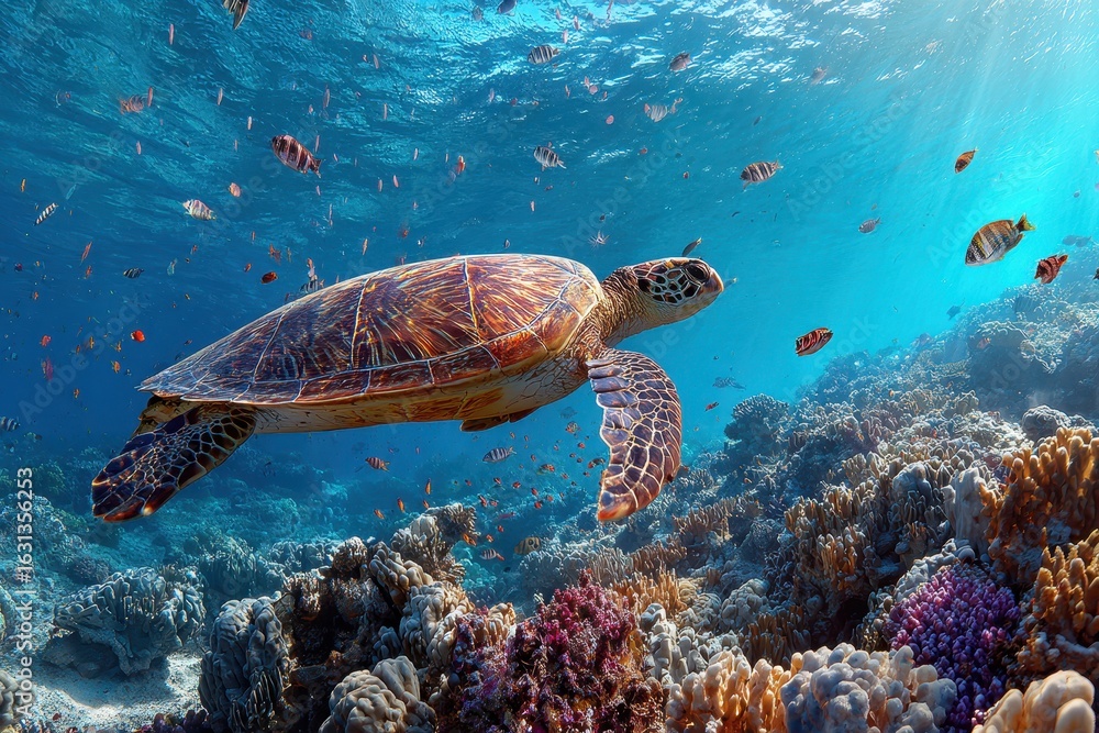 Obraz premium Male sea turtles engaging in a chase through vibrant coral reefs in a clear ocean during sunny daytime