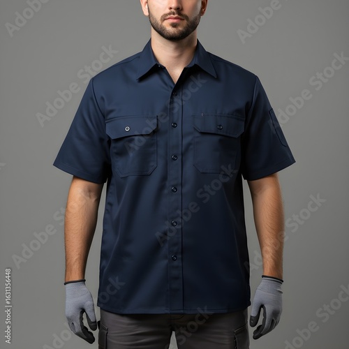 Navy Blue Solid Short Sleeve Work Shirt Mockup