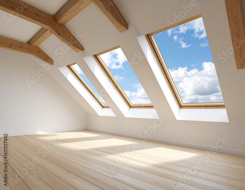 Bright attic room with wood beams, light wood floors, and four skylights showing a blue sky