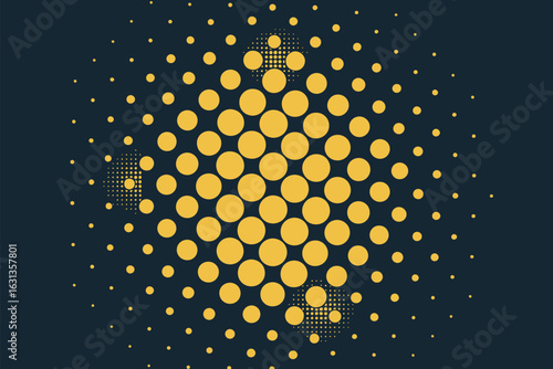 A halftone pattern with varying sized yellow circles on a dark blue background creating a radial design