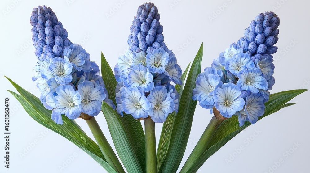 Fototapeta premium Three delicate light-blue flowers with white accents