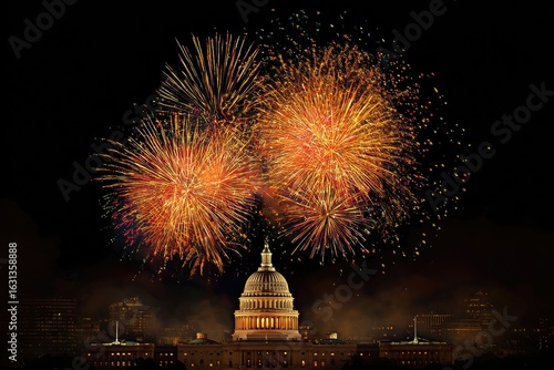 Fireworks explode over the US Capitol building at night