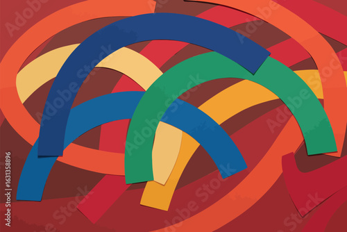 Colorful paper arches overlapping on a red background creating an abstract design composition art