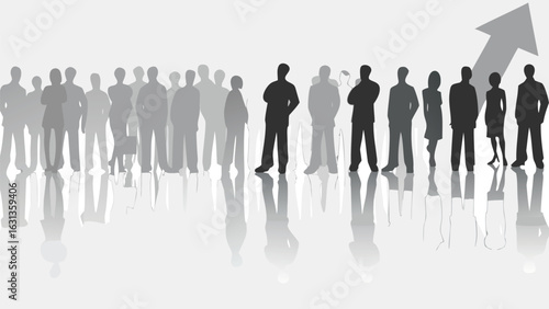 Silhouette of people standing with an arrow pointing up indicating growth and success in business