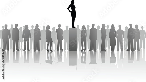 Silhouette of woman standing on a pedestal in front of a crowd of people in gray scale image