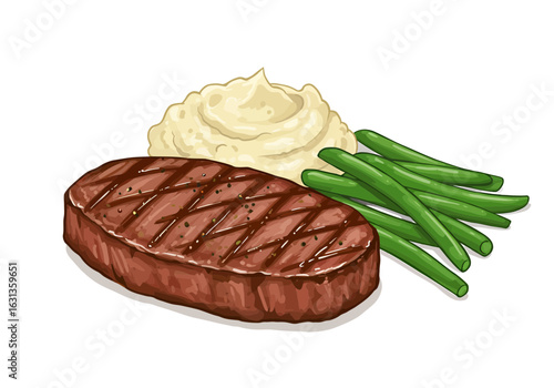 Grilled steak with mashed potatoes and green beans on white