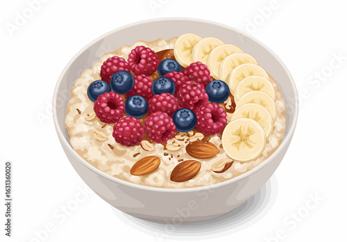 Oatmeal with Raspberries, Blueberries, Bananas and Almonds in Bowl
