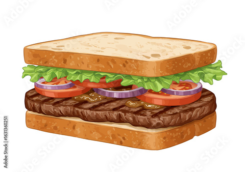 Delicious sandwich with grilled meat, vegetables, and sauce on bread