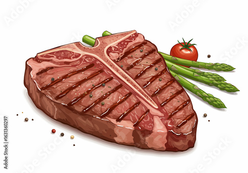 Grilled T-bone Steak with Asparagus and Tomato on White Background