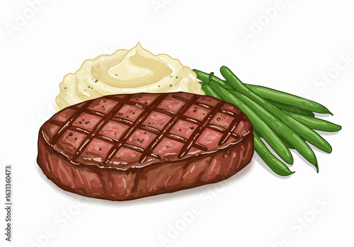 Grilled steak with mashed potatoes and green beans on white background