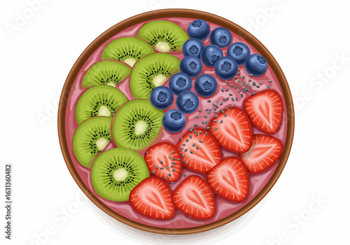 Smoothie Bowl with Strawberries, Blueberries, and Kiwi Fruit Slices