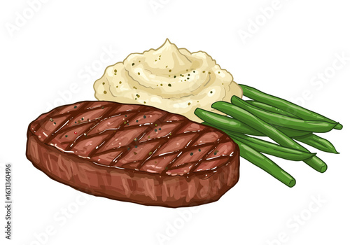 Grilled steak with mashed potatoes and green beans, cartoon style