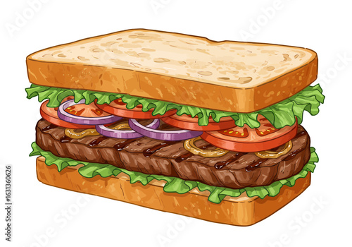 Delicious steak sandwich with fresh vegetables on toasted bread