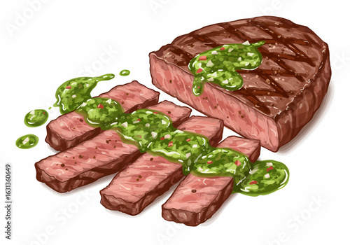 Grilled steak slices with chimichurri sauce on a white background