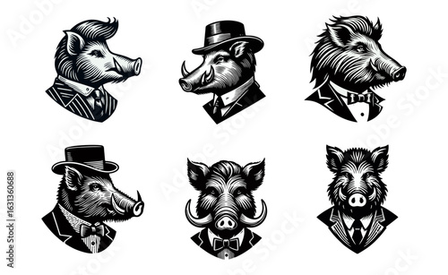Boar Portraits in Formal Wear: Sophisticated Animal Illustration