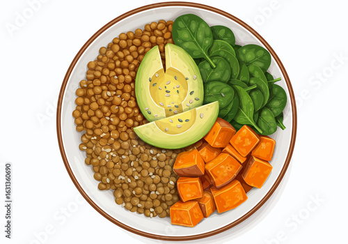 Healthy balanced bowl with lentils, avocado, spinach