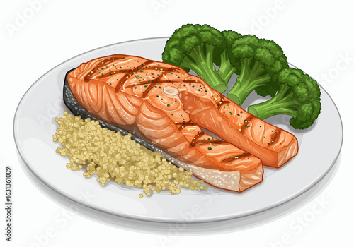 Grilled salmon with quinoa and broccoli on a white plate, healthy food
