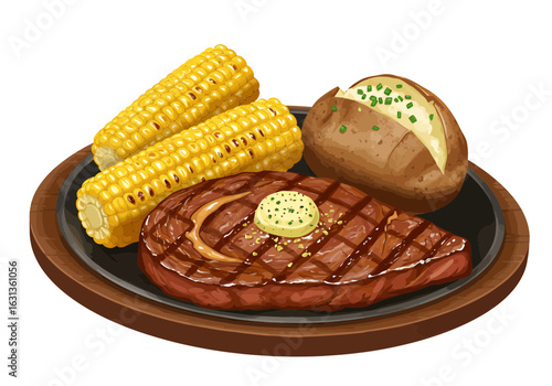 Grilled steak with corn and baked potato on a wooden plate, delicious